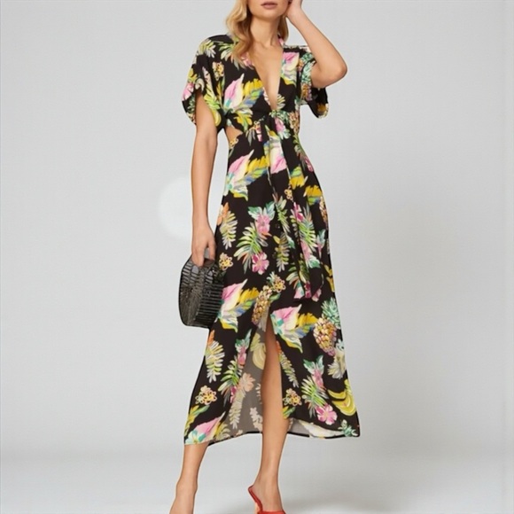 le superbe Dresses & Skirts - Tropical Pineapple Wrap Maxi Dress Resort Vacation Dress Black Print Size S NWT